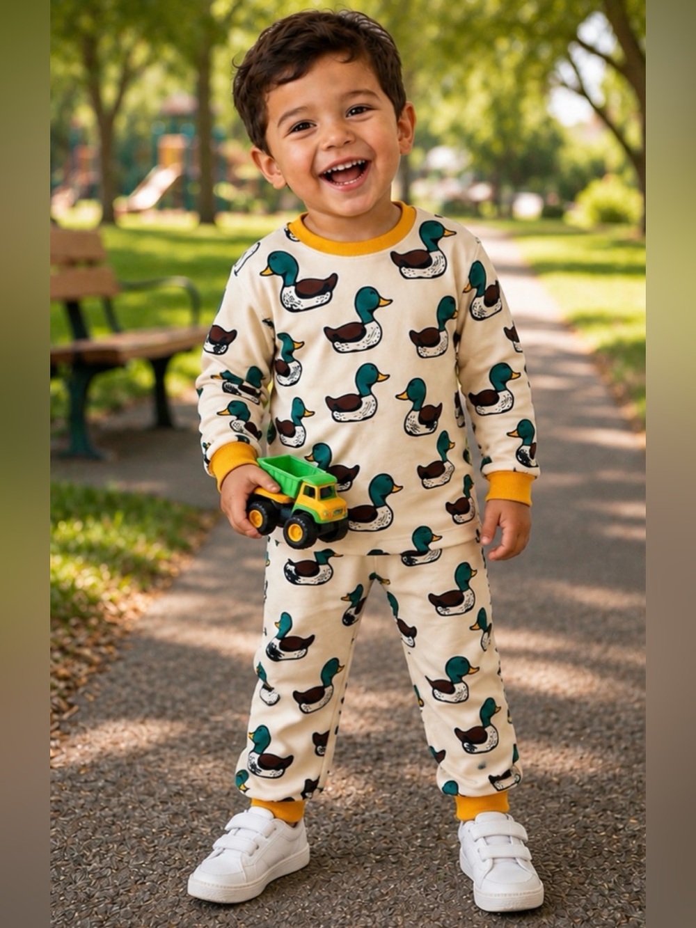 Cream Duck-Print Kids Set with Yellow Trim